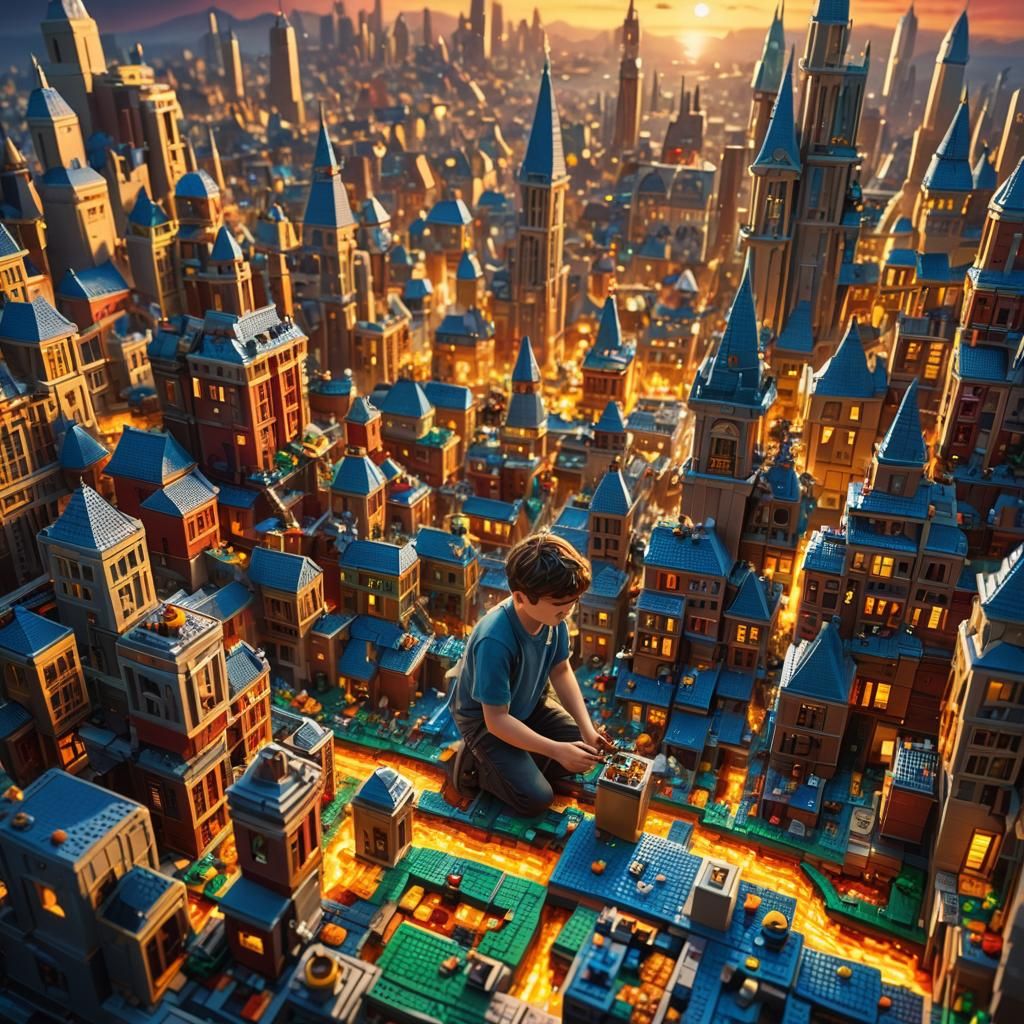 Boy Builds Lego City: Fantasy Oil Painting
