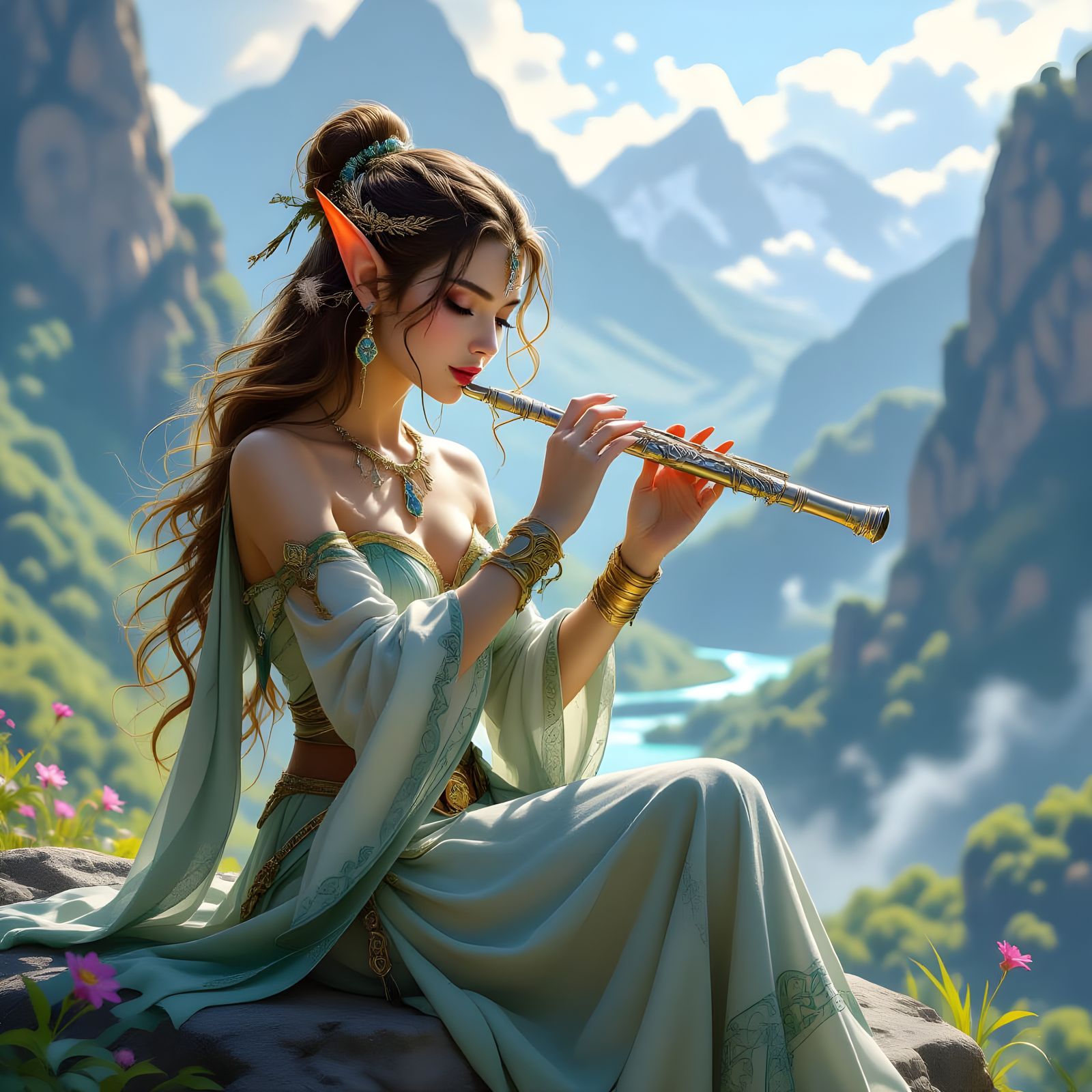 Elegant Elven Princess Plays Flute Above Magical Valley