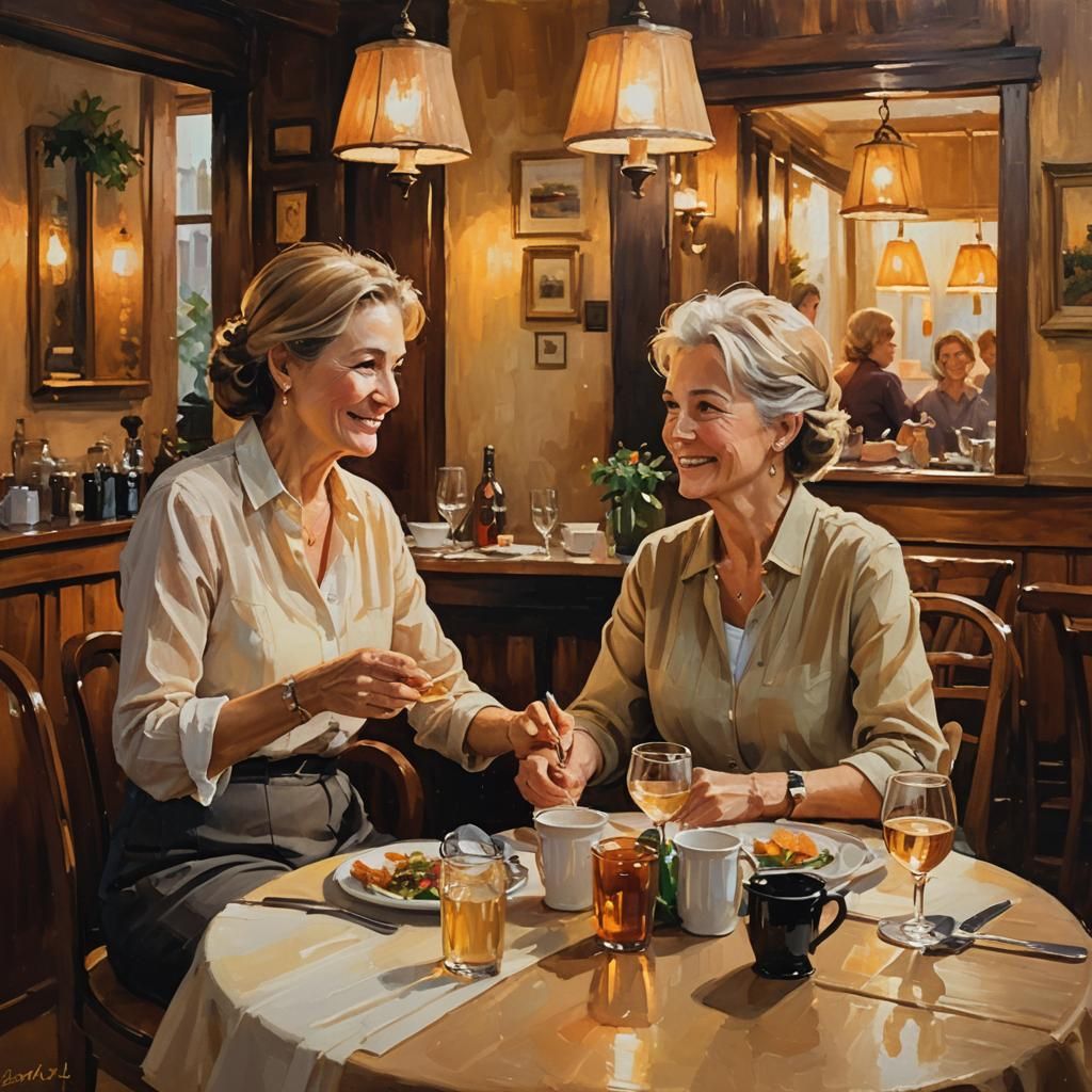 Impressionist Painting of Women in Cozy Restaurant