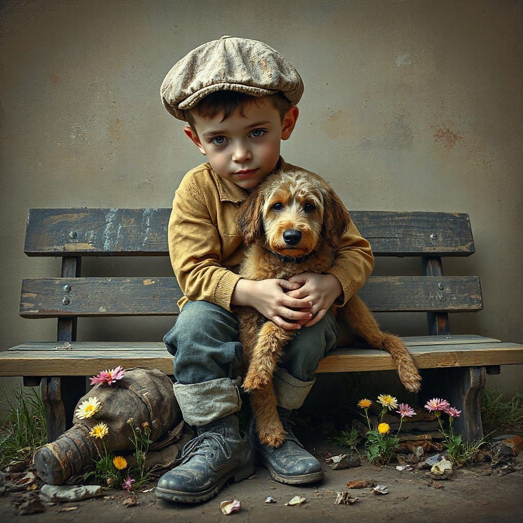 Boy and Dog Portrait in Expressive Oil Painting Style
