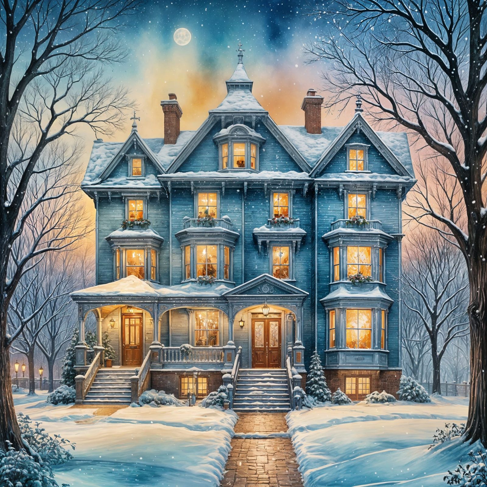 Victorian House in Four Seasons with Blue Christmas Lights
