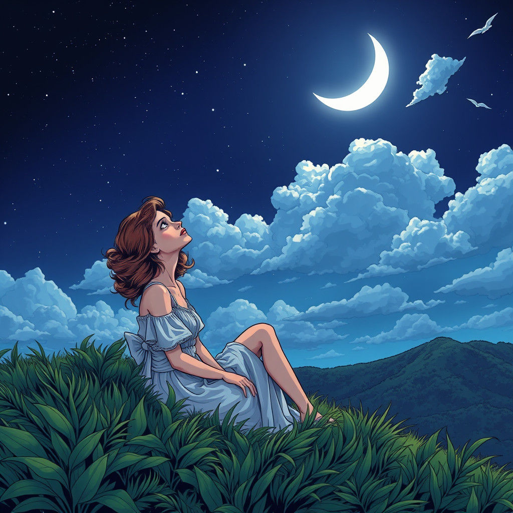 Woman Gazing at Moonlit Clouds in Dreamy Landscape