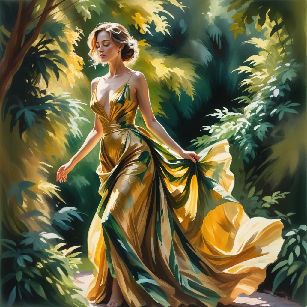 Gouache Painting: Woman in Gown, Alcohol Ink Style