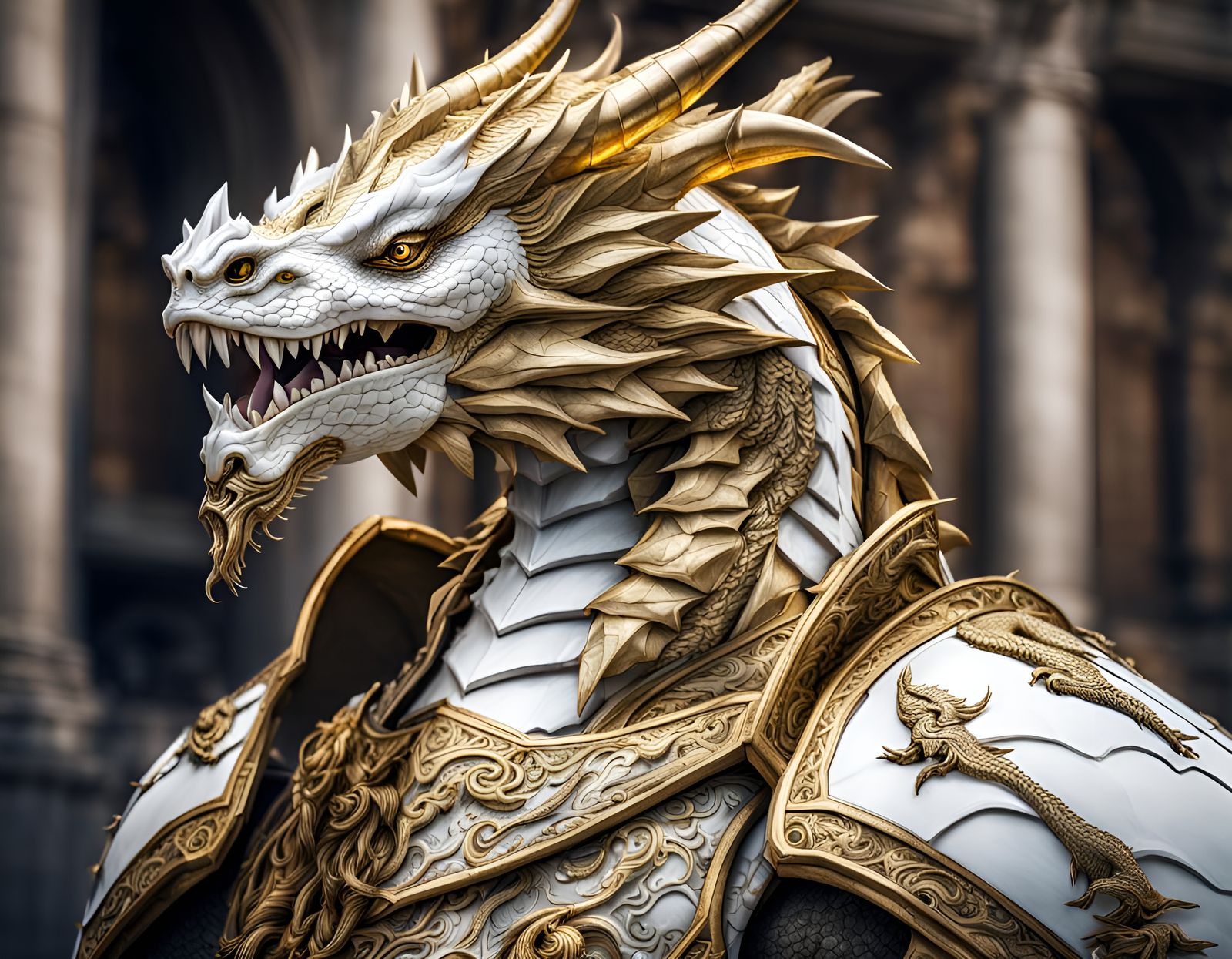 Armored White and Gold Dragon in HDR