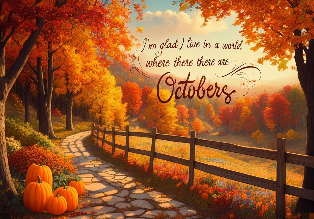 Picturesque Autumn Landscape with Pumpkins and Colorful Leav...