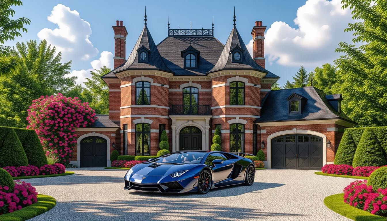 Victorian Chateau with Lamborghini in Painterly Style