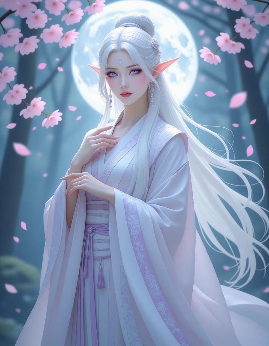 Ethereal Asian Woman in Moonlit Forest