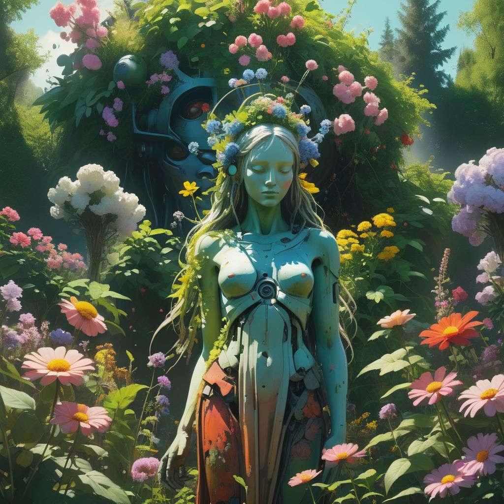 Goddess in Blooming Garden: Hyper-Realistic Digital Art
