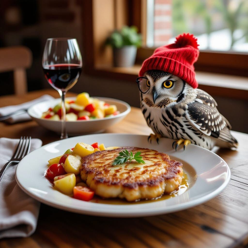 Cozy Still Life: Schnitzel, Salad, and Owl with Glasses
