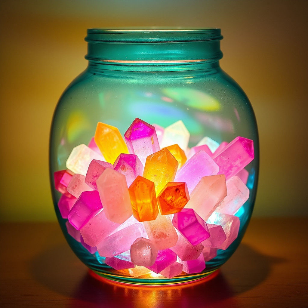 Rainbow Quartz Crystals Glowing in Turquoise Jar