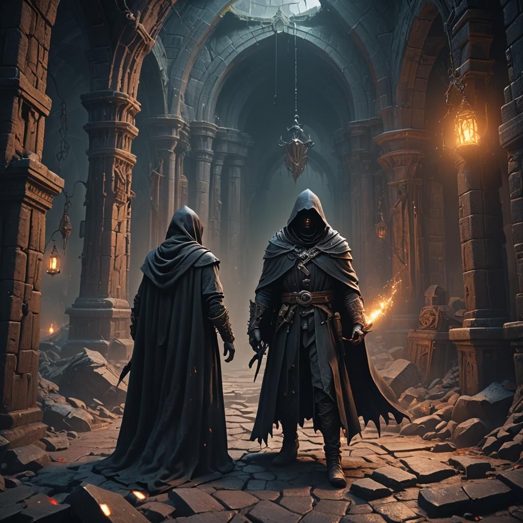 Cloaked Figure in a Dark Dungeon: Detailed Matte Painting