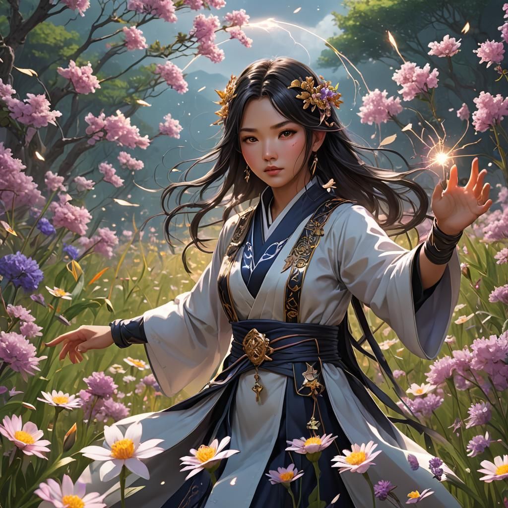 Asian Sorceress Casting Spell in Flower Field
