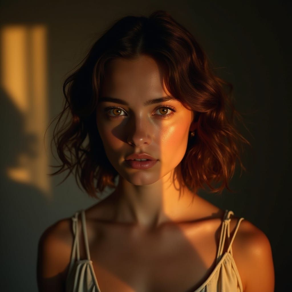 Hyperrealistic Portrait of Brown-Haired Girl in Dramatic Lig...