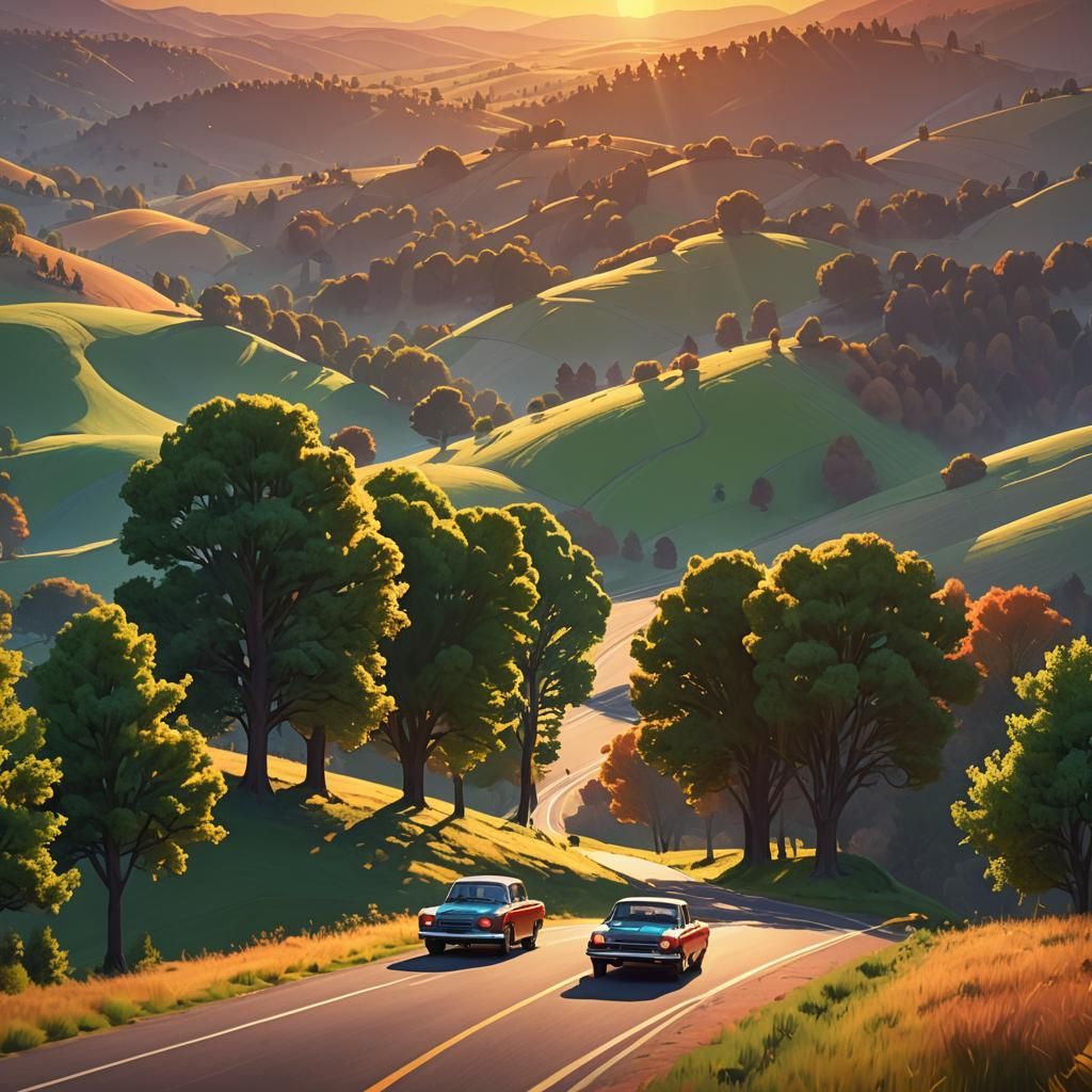 Family's Joyful Sunset Drive: Cinematic 3D Digital Art