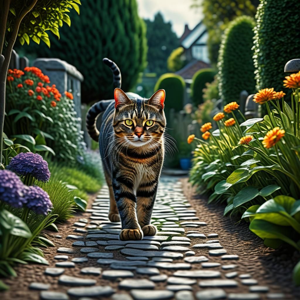 Hyperrealistic Cat Multiplied on Garden Path