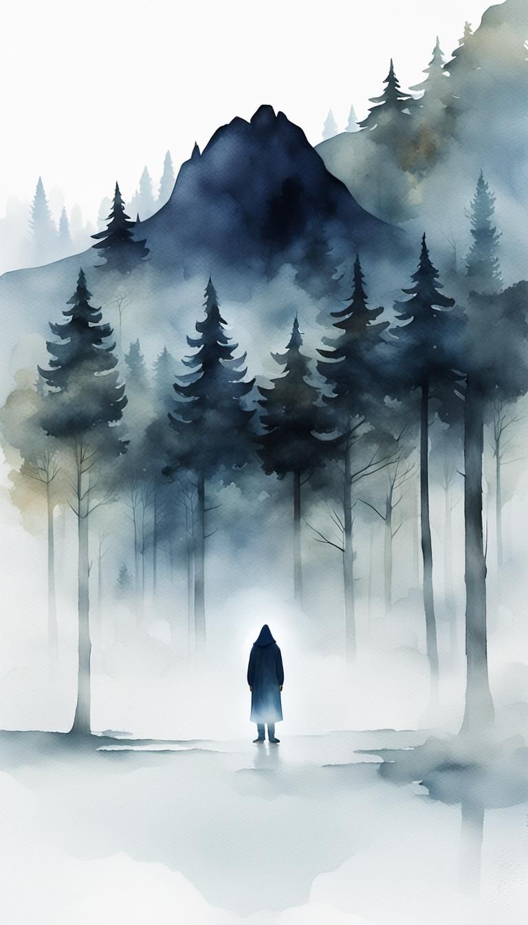 Mysterious Hooded Figure in Moonlit Forest: Aquarel Style