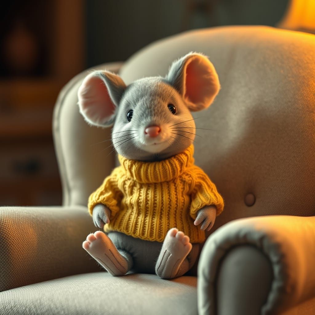 Adorable Plush Mouse on Armchair in Storybook Style
