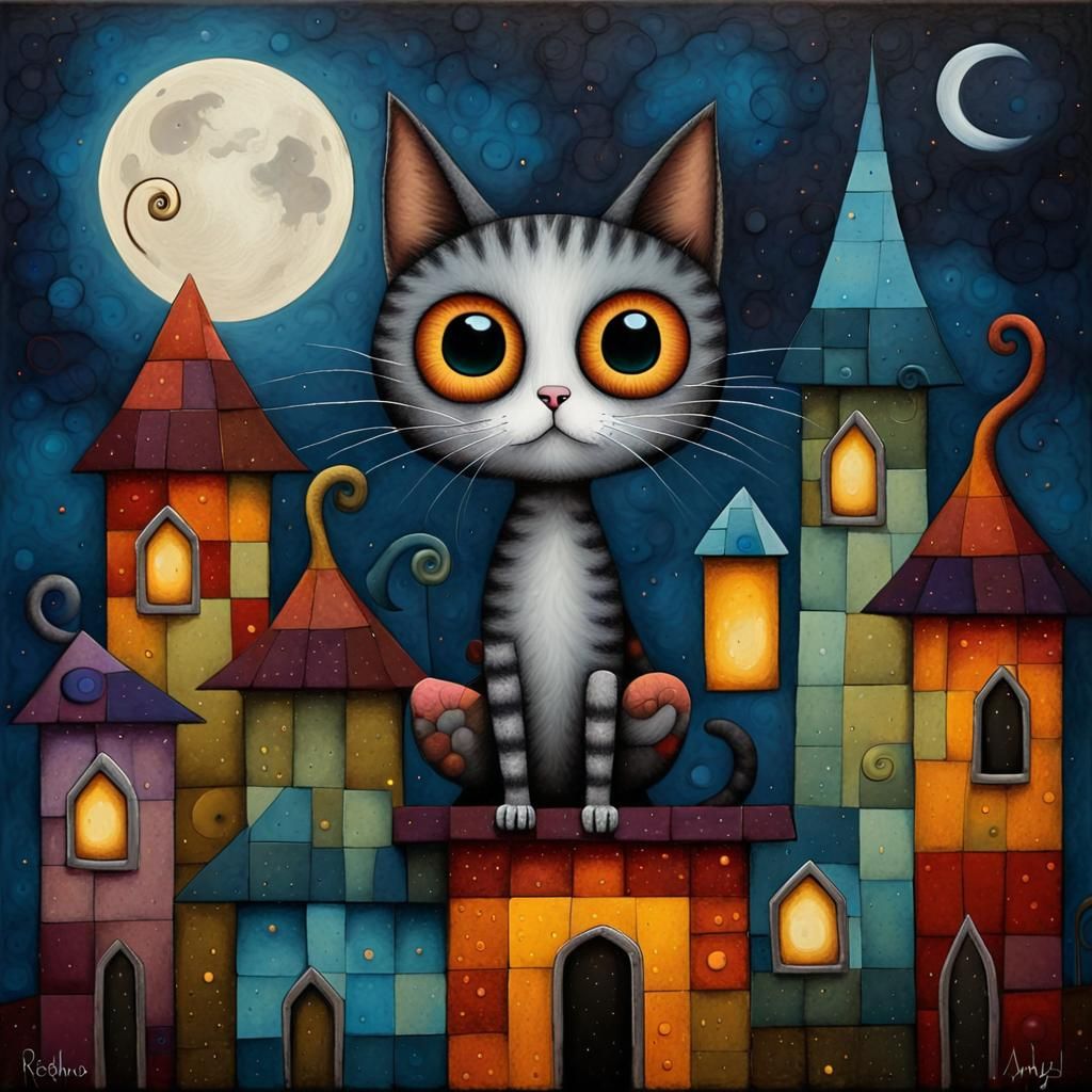 Abstract Cat Painting with Colorful Shapes and Night Sky