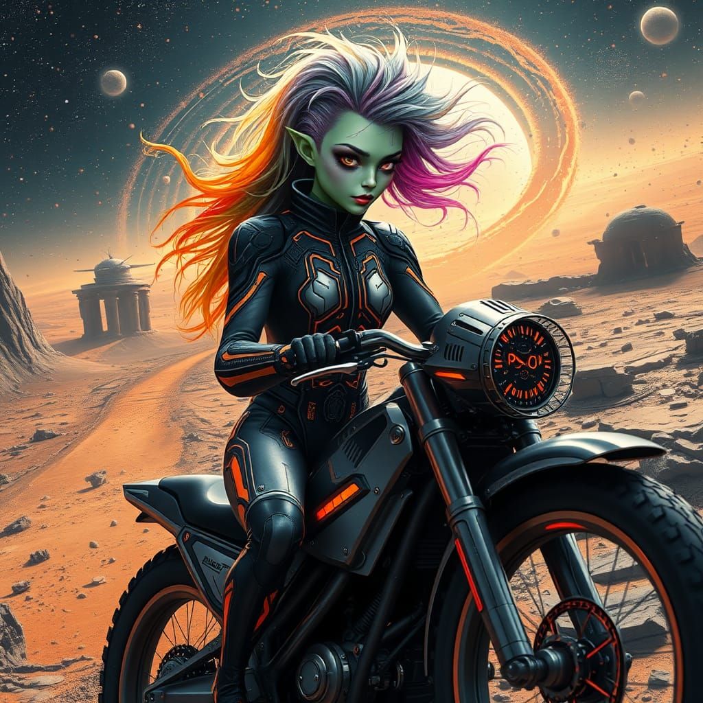 Alien Rider on Asteroid in Biomechanical Art Deco Style