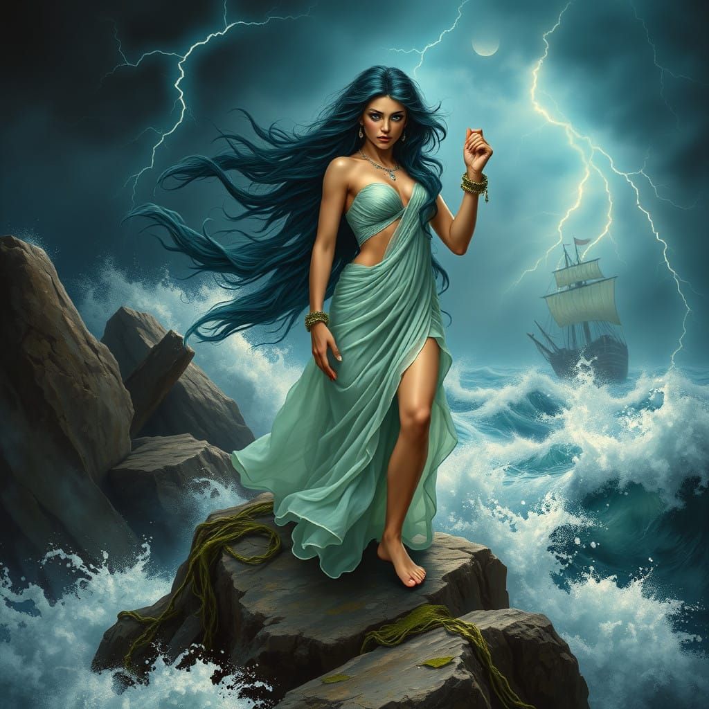 Mystical Sea Goddess with Wild Teal Locks and Piercing Eyes