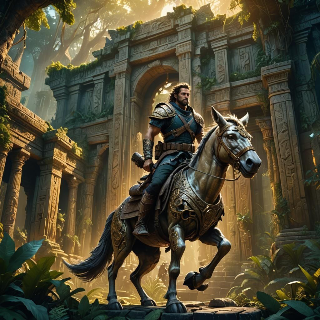 Fenrir Enters Jungle Temple in Cinematic Fantasy Art
