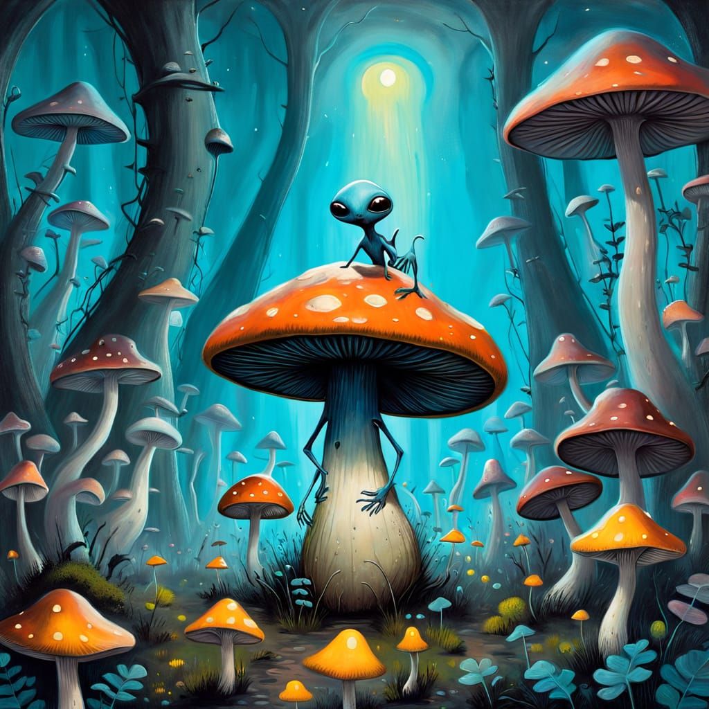 Whimsical Alien in Bioluminescent Mushroom Garden