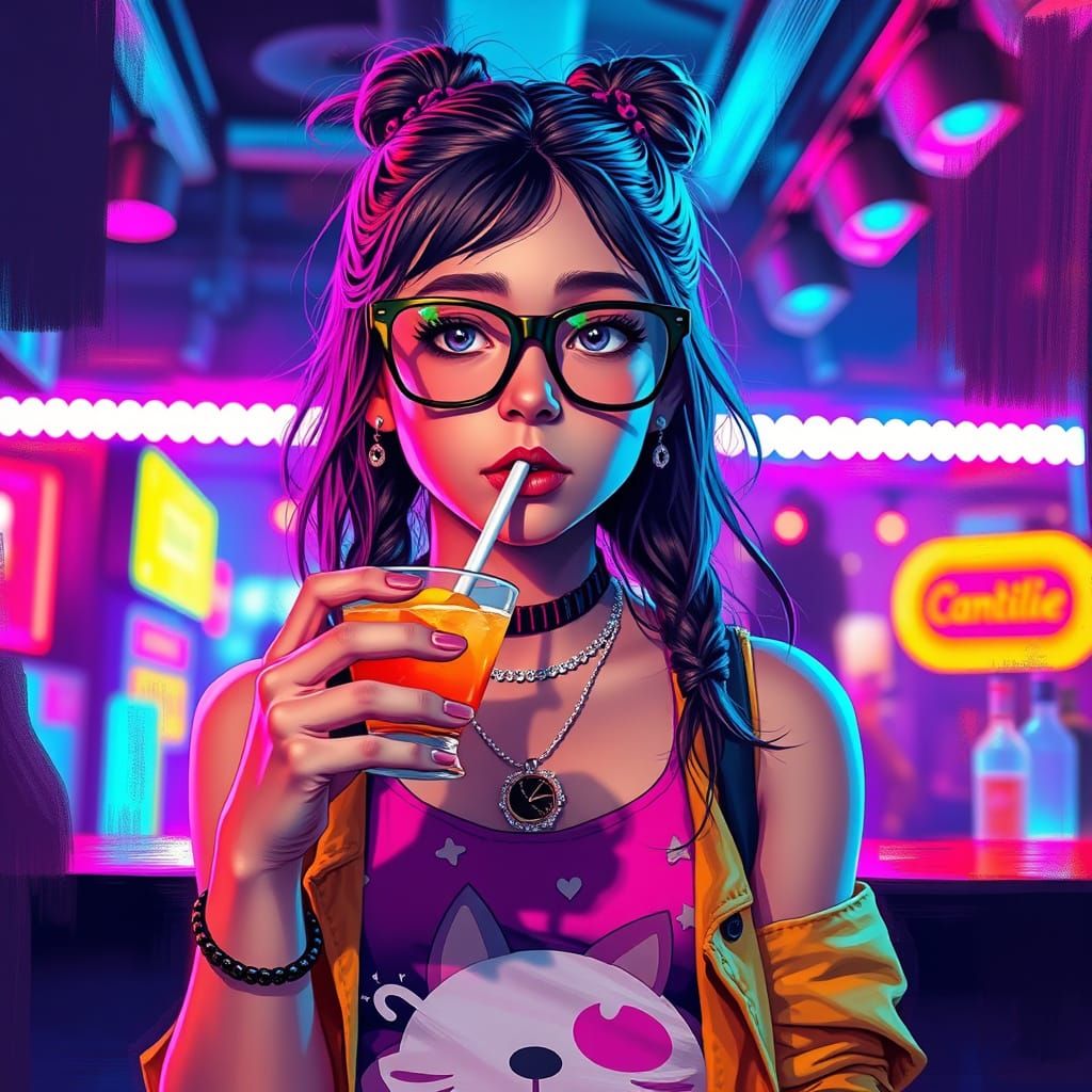 Girl Sipping Cocktail in Nightclub, Digital Art