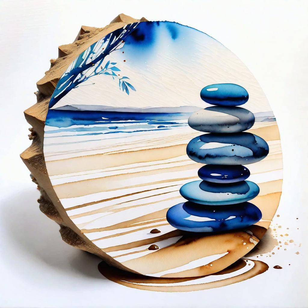 Blue Zen Pebbles Still Life Watercolor