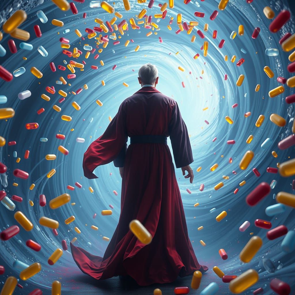 Mystical Healer Amidst Swirling Pill Vortex