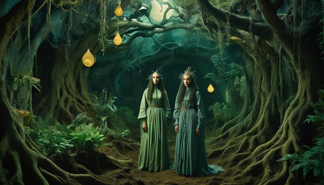 Mystical Female Figures in Surrealist Underground Setting