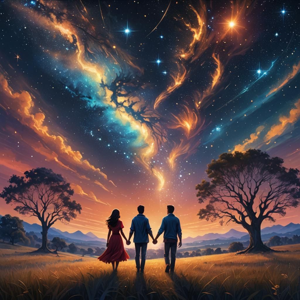 Couple Under Starry Sky: Fantasy Matte Painting