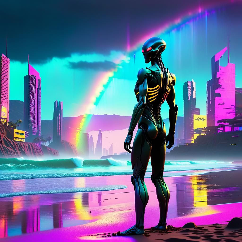 Alien on Cyberpunk Beach with Neon Cityscape