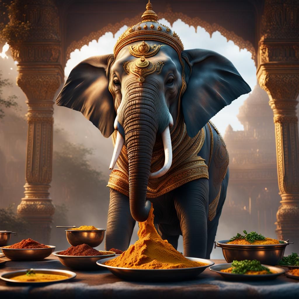 A elephant eating curry