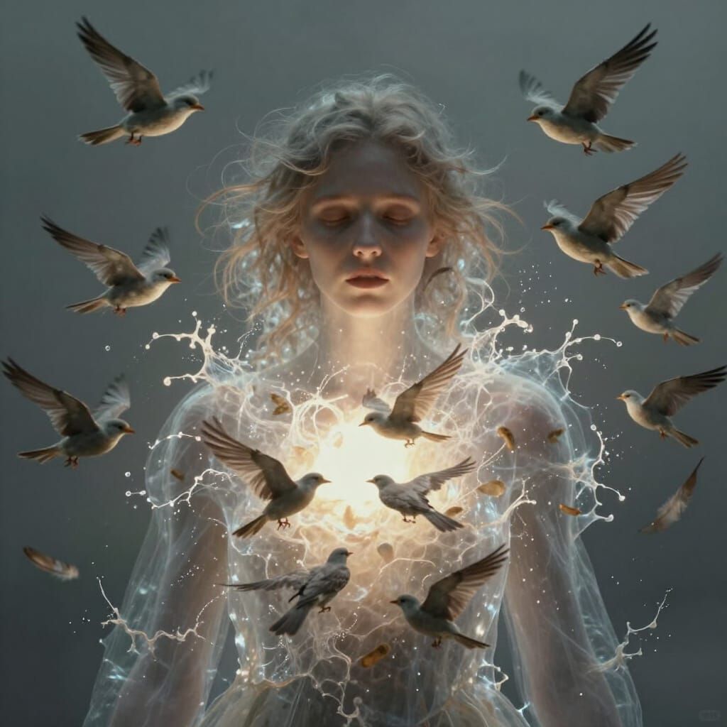 Surreal Figure Releasing Birds of Light