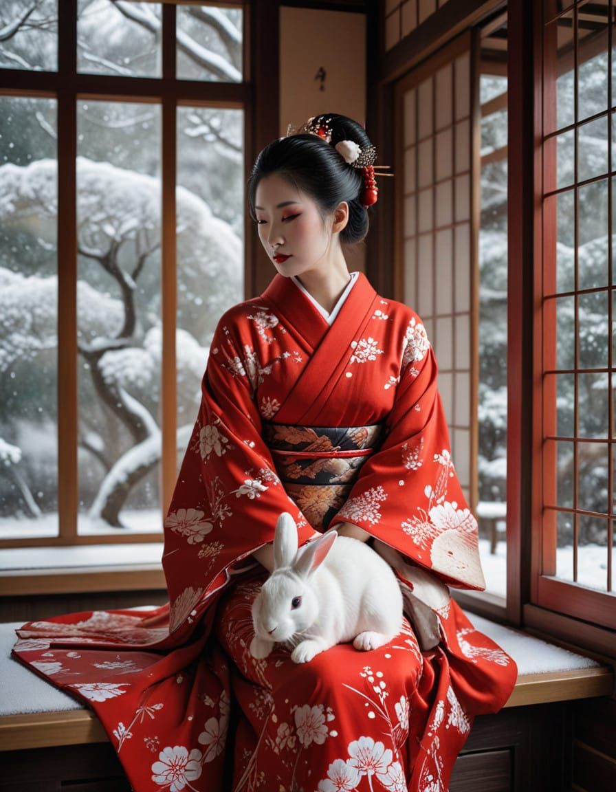 Elegant Geisha Watches Snowfall from Cozy Japanese Teahouse