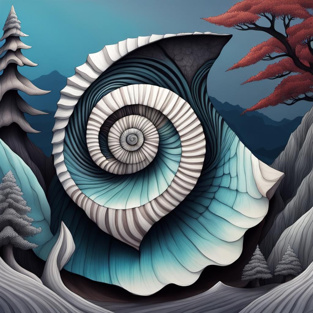 Detailed Zentangle Drawing of Seashell and Oak Tree