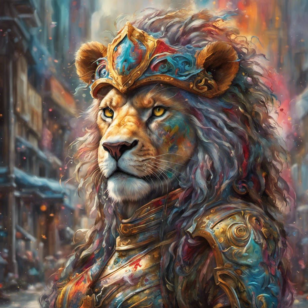 Lion Warrior in Fantasy Setting, Graffiti Art Style