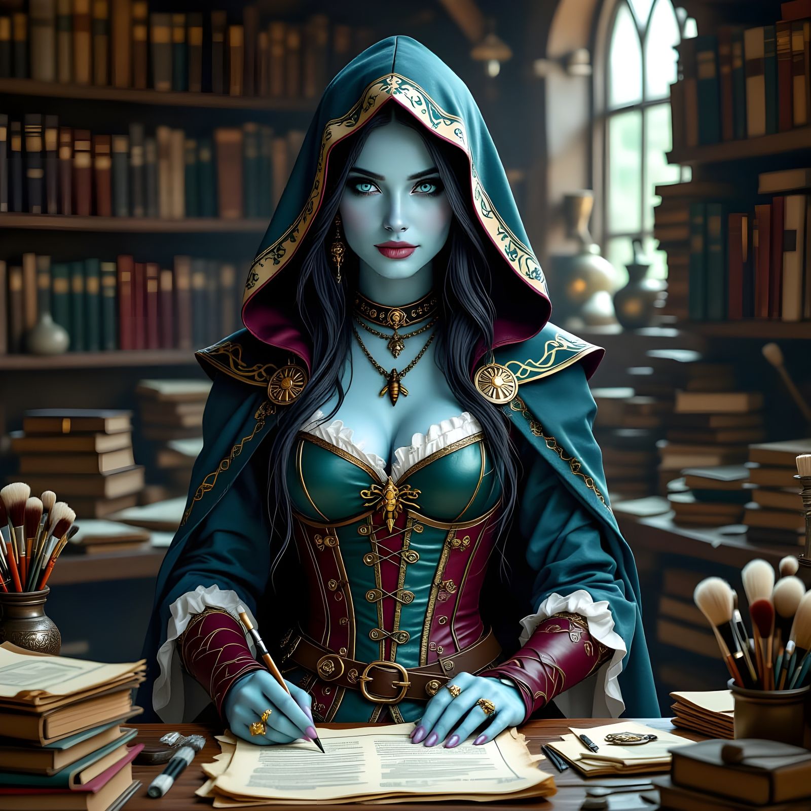 Young Blue-Skinned Witch in Ornate Hood