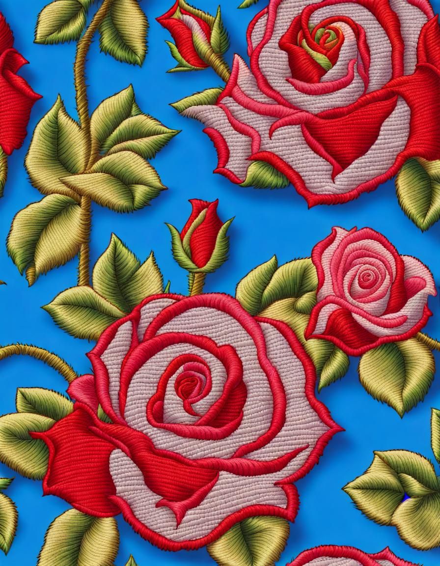 Vibrant Embroidered Rose Blooms in a Happy Blue Sky