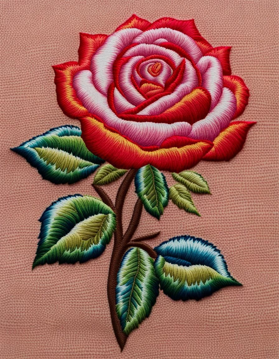 Rose in Vibrant Imperial Colors Embroidered on Fabric