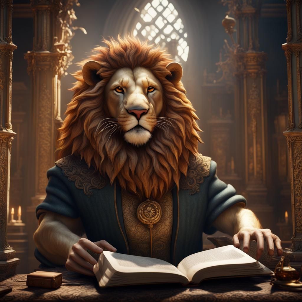 Lion Reads a Book in Detailed Digital Painting