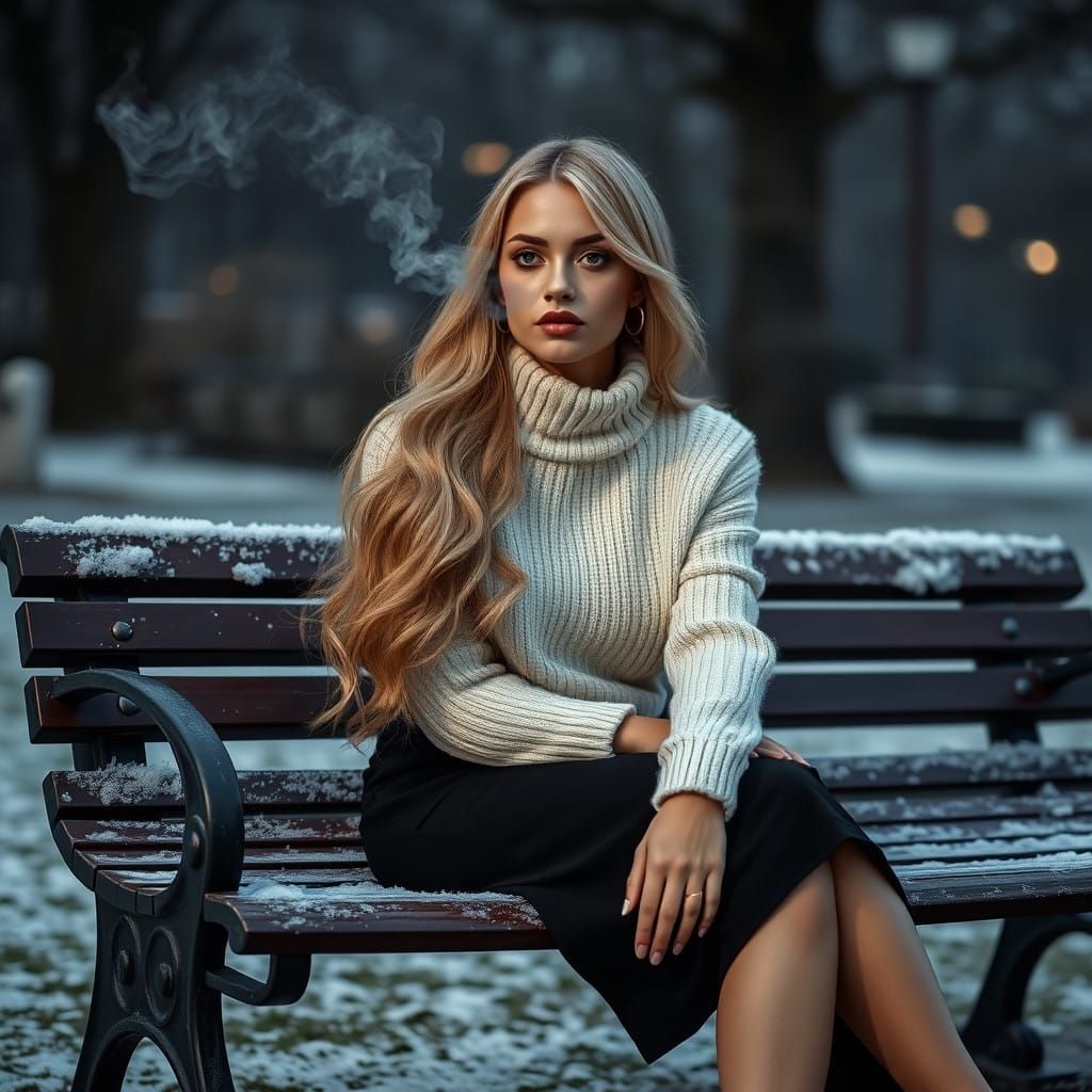 Elegant Woman in Moody Park Bench Setting, Cyberpunk Style