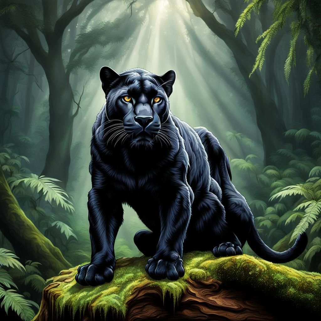 Hyperrealistic Black Panther in Misty Jungle