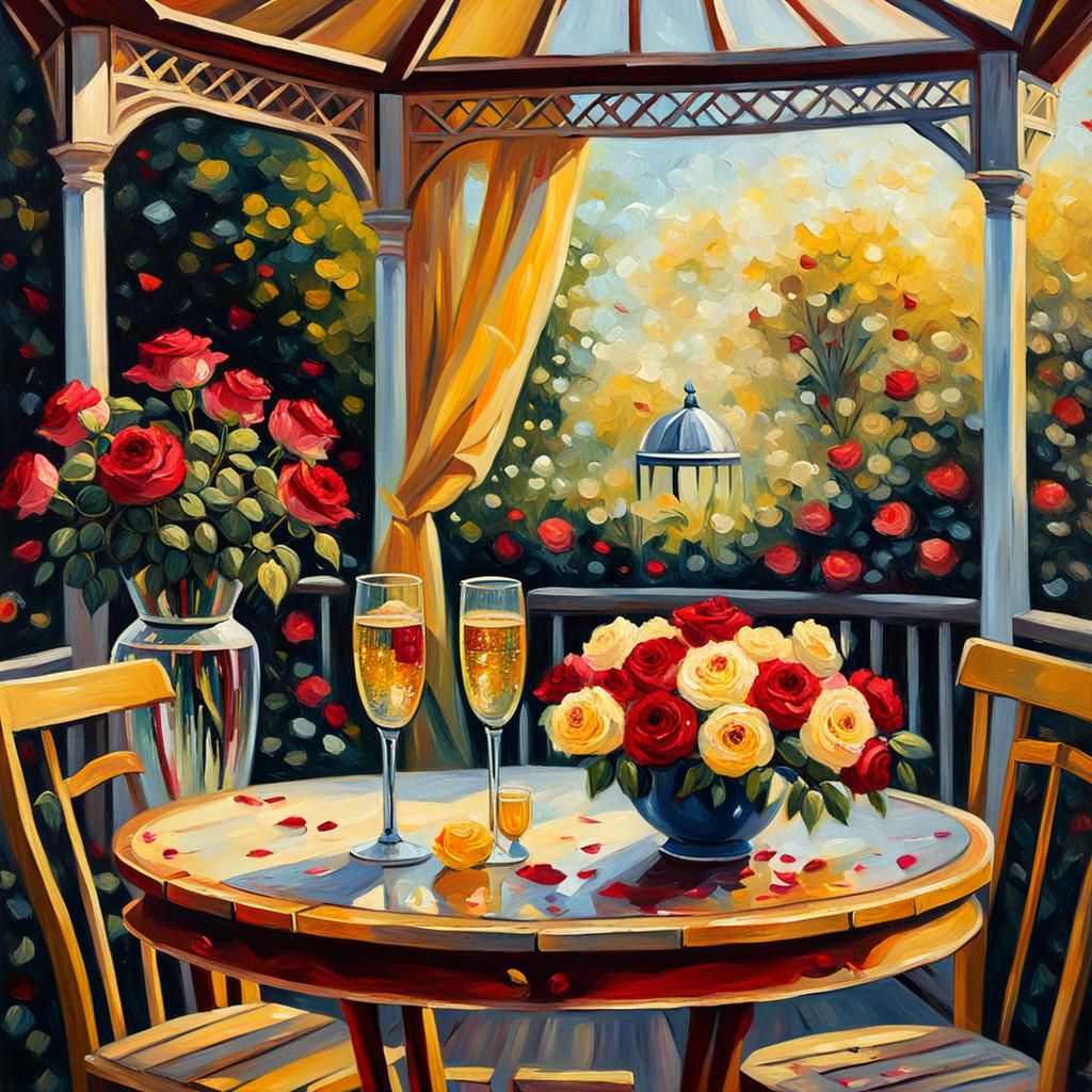 Gazebo of Roses: Neo-Impressionist Oil Painting