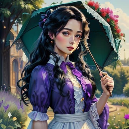 Victorian Lady in Lavender Field at Dusk