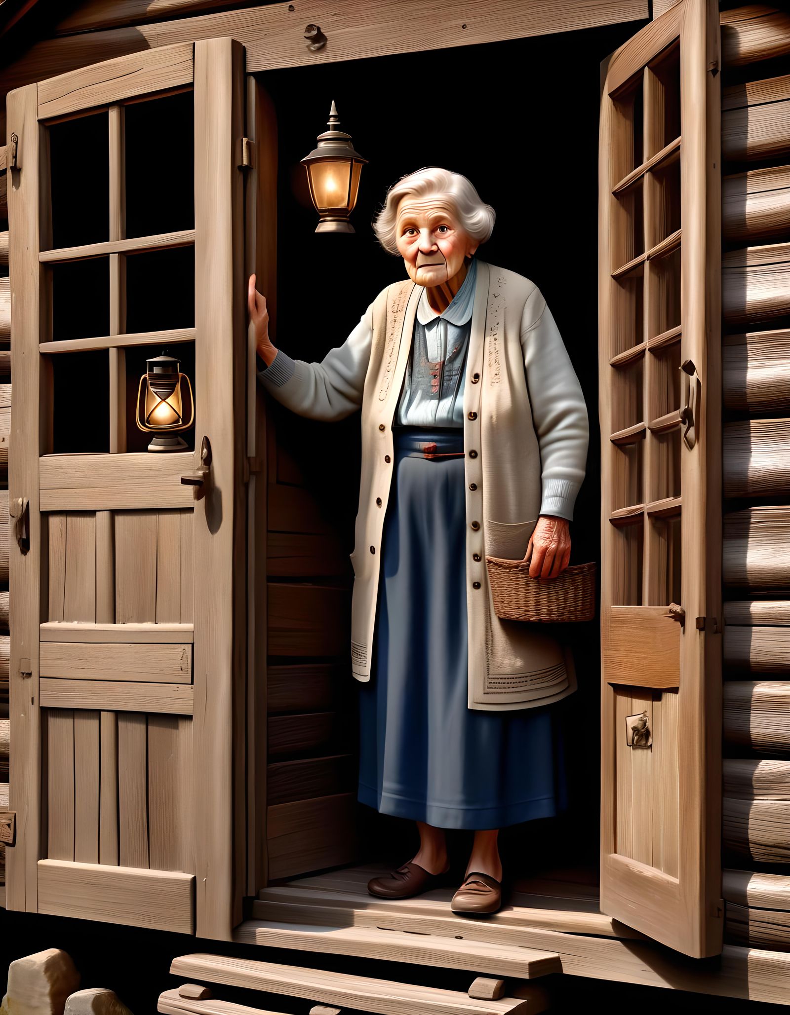 Mischievous Old Lady at Cabin Doorway