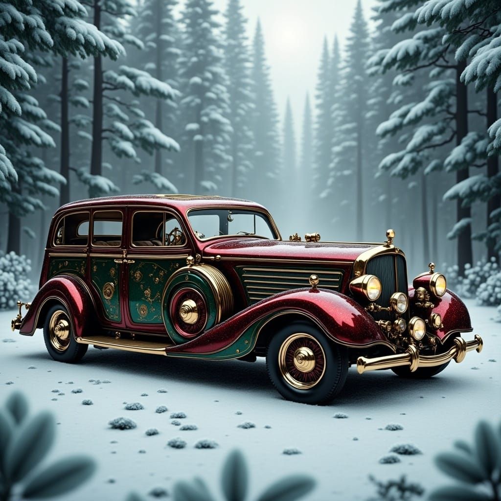 Steampunk Luxury Wagon Car Speeds Through Winter Forest