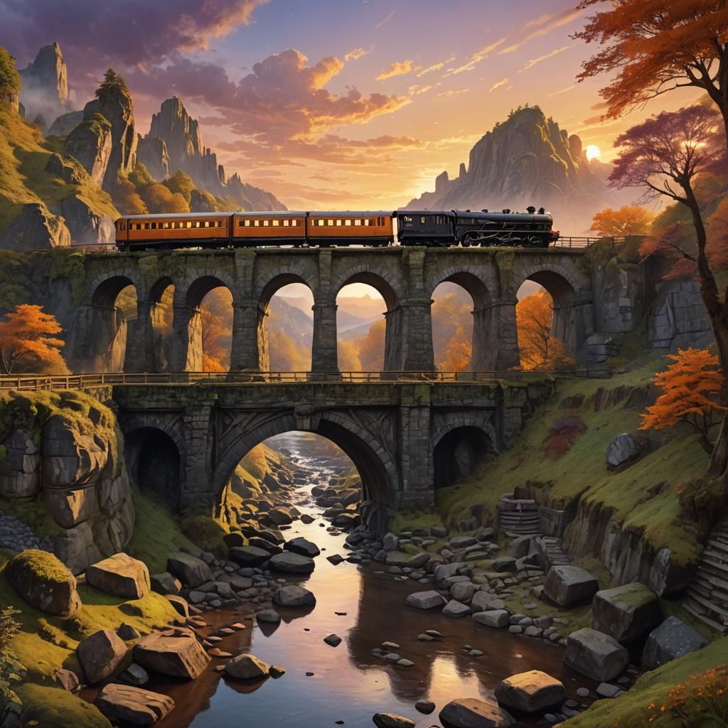 Ancient Train on Moss-Covered Bridge: Digital Art