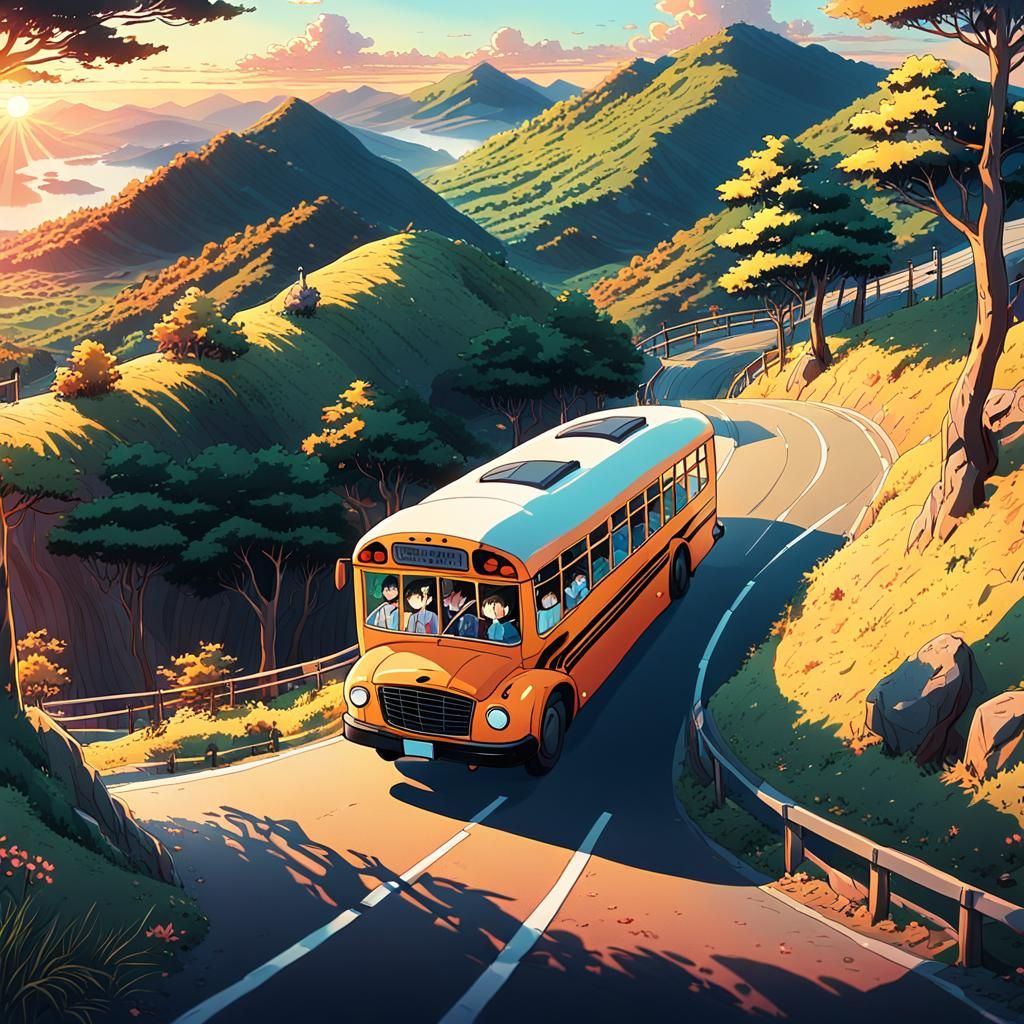 Anime School Bus Excursion at Sunset