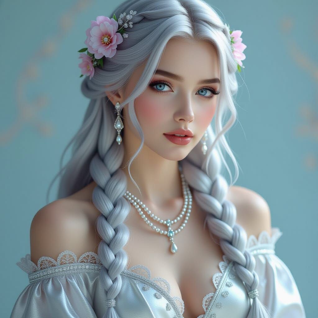 Woman with Silver Braids and Pearls in Art Nouveau Style